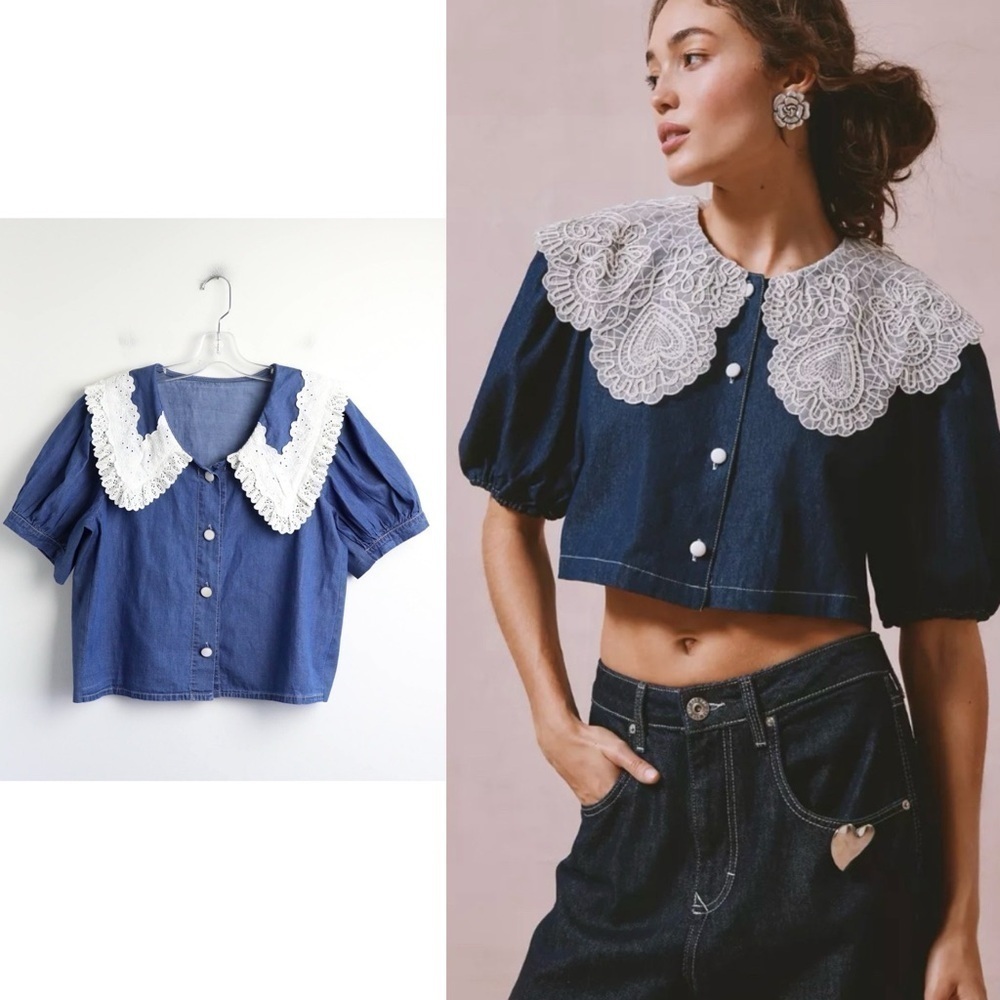 Coastal cowgirl chambray puff sleeve top blue buttoned lace collar cottage retro